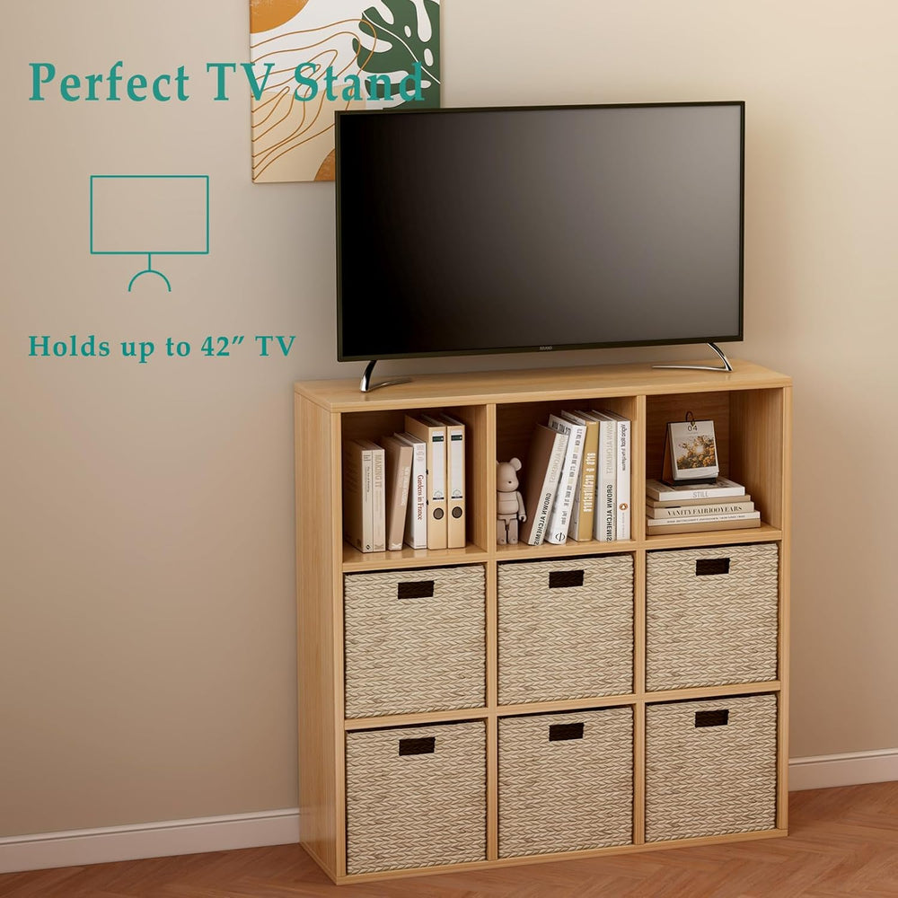 9-Cube Storage Shelf Bookcase - Wooden 3-Tier Floor Standing Open Bookshelf f...