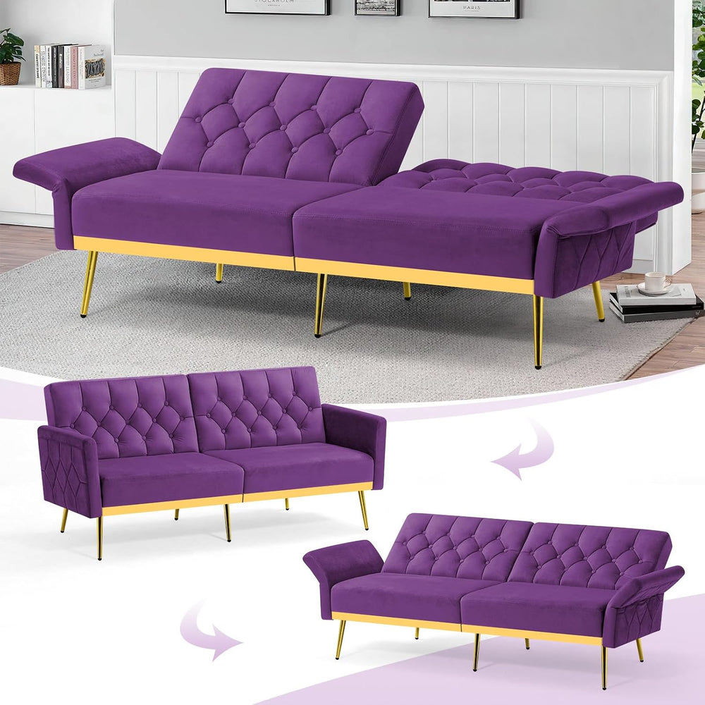 Velvet Sofa Bed w/Adjustable Armrests & Backrests, Purpel