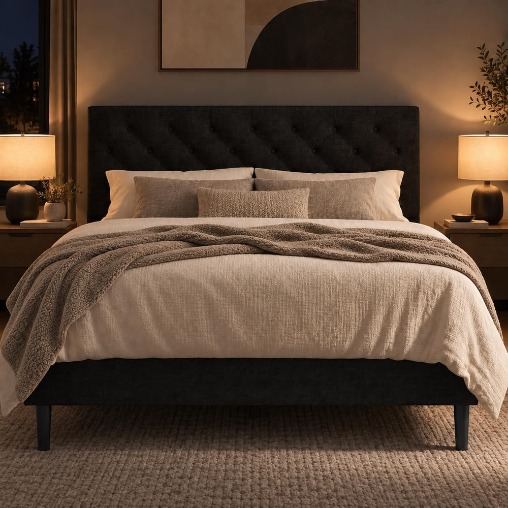 Full Size Platform Bed Frame with Button Tufted Headboard,Black