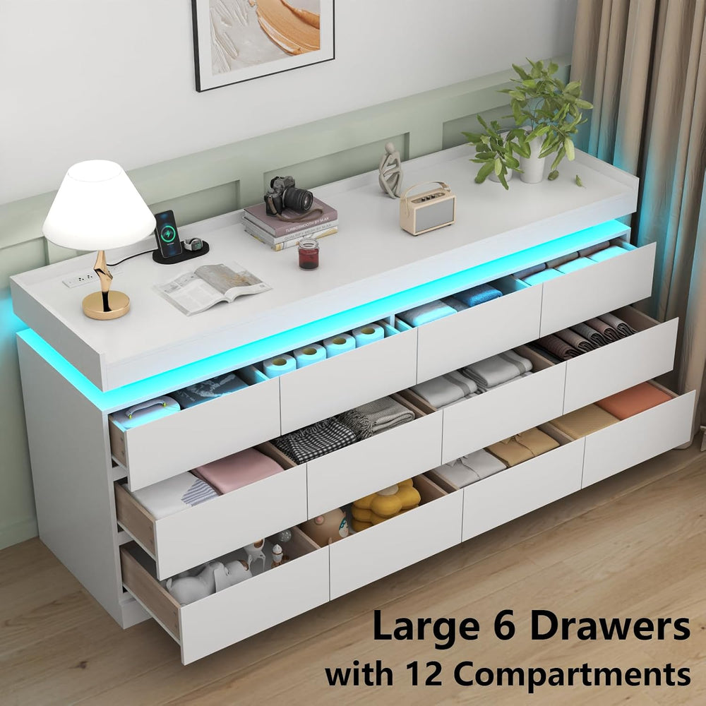 Gyfimoie 12 Drawer Dresser with Power Outlet, Modern Dresser with LED Light