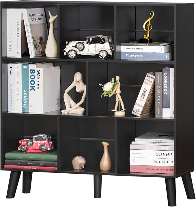 YAHARBO 8 Cube Bookshelf,3 Tier Bookcase with Legs,Black Mid-Century Modern B...