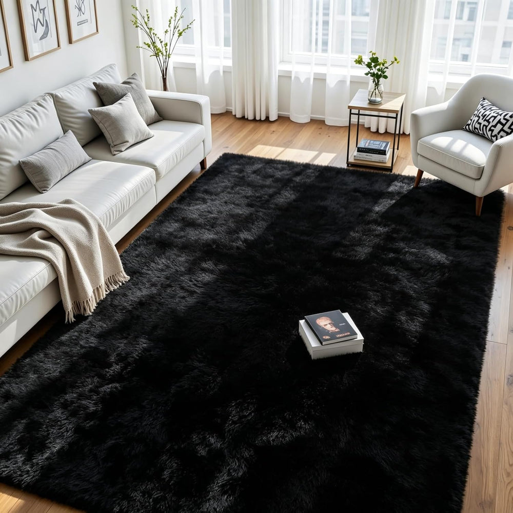 8x10 Fluffy Area Rug for Living Room: Soft Non-Slip Black Bedroom Carpet