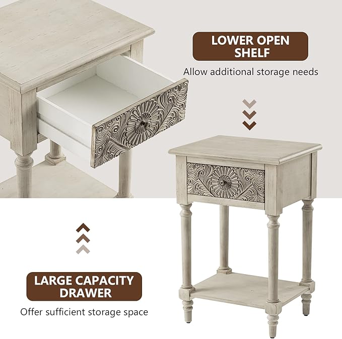 COSIEST Vintage Nightstand, MDF 2-Tier Bedside Table, Wood Accent End Table w...