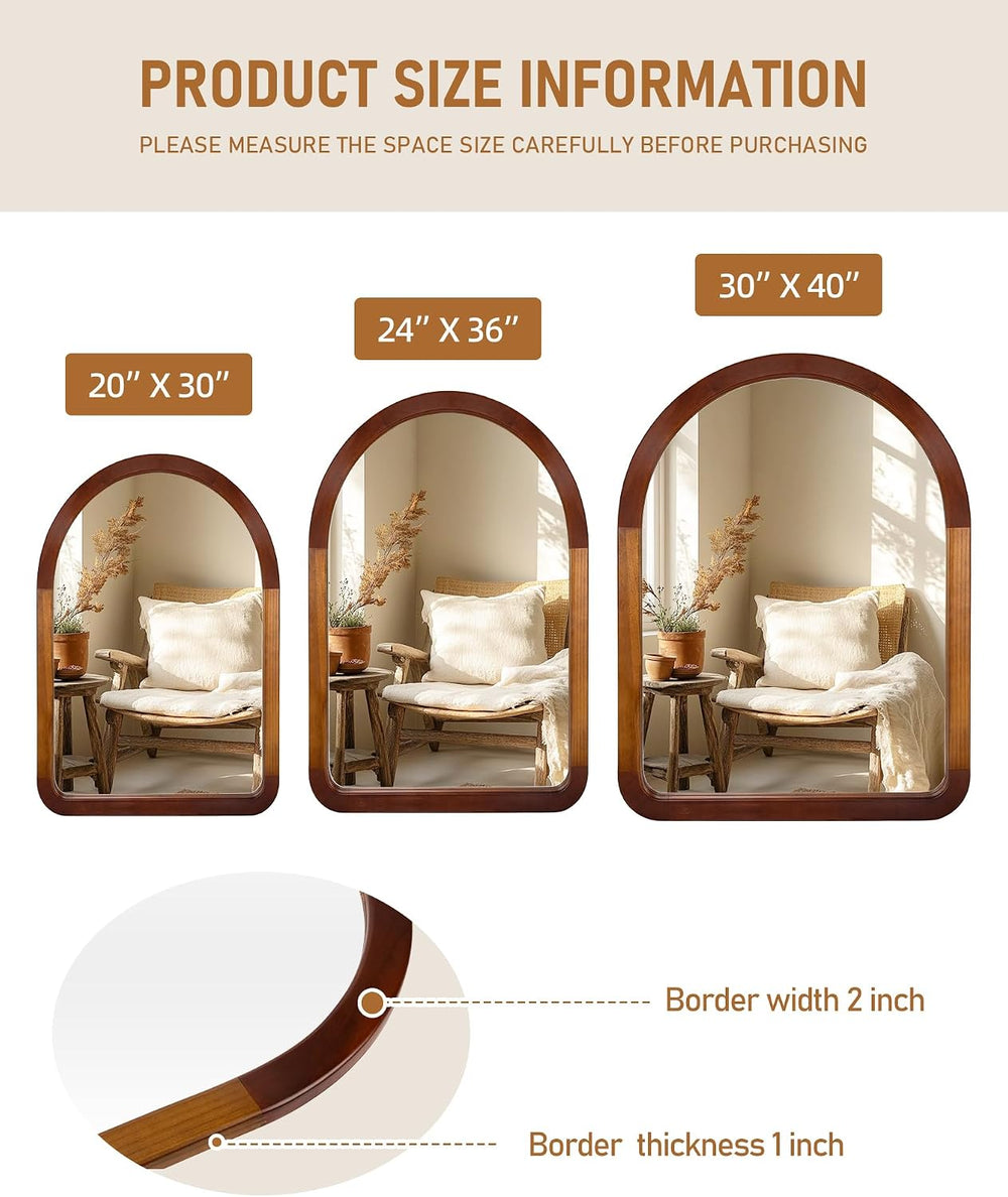 Arched Mirror 24 x 36 Inch,Brown Wood Rustic Bathroom Wall Walnut Mirror