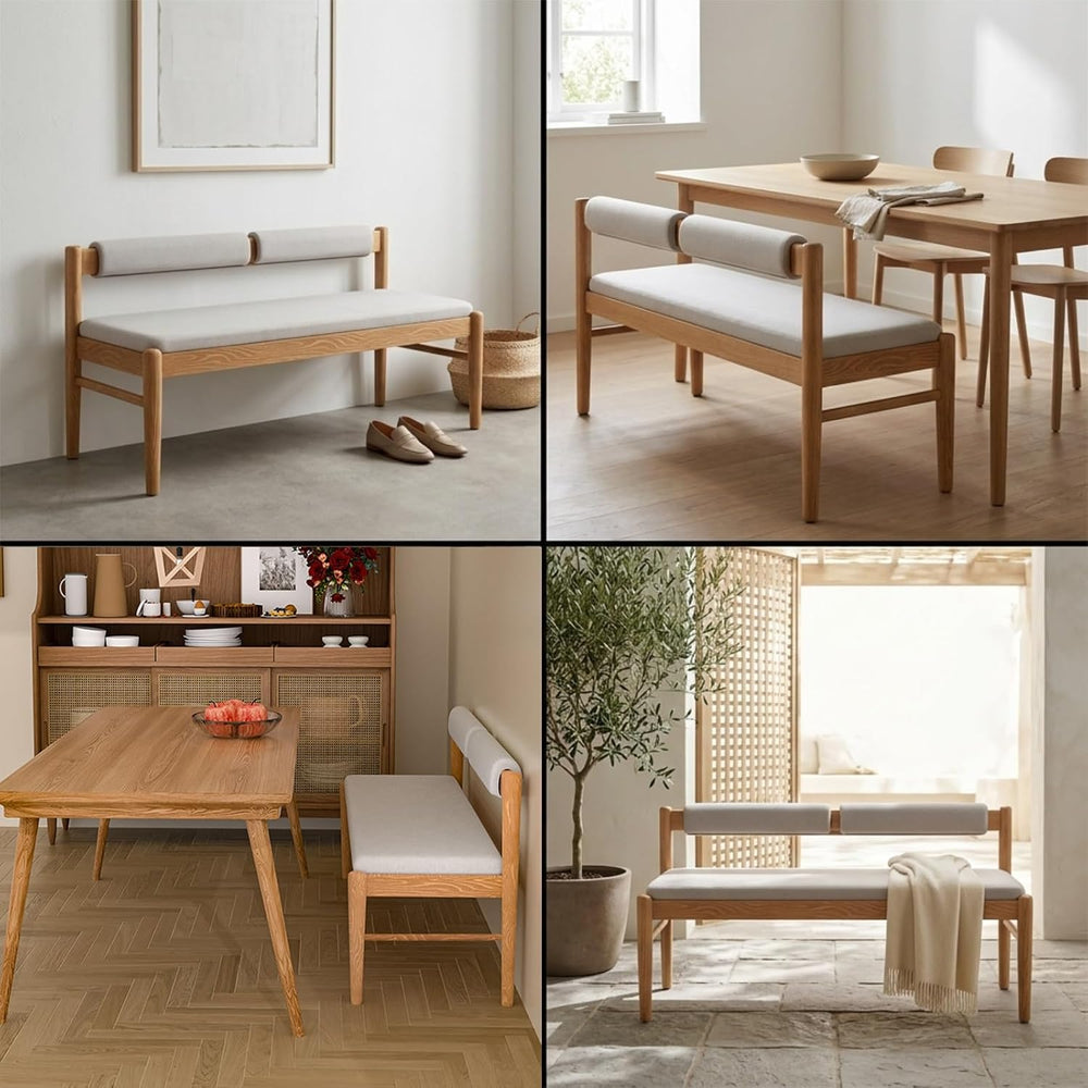 Entryway Bench with Backrest, Upholstered Rubberwood Bench with Light Gray Cu...