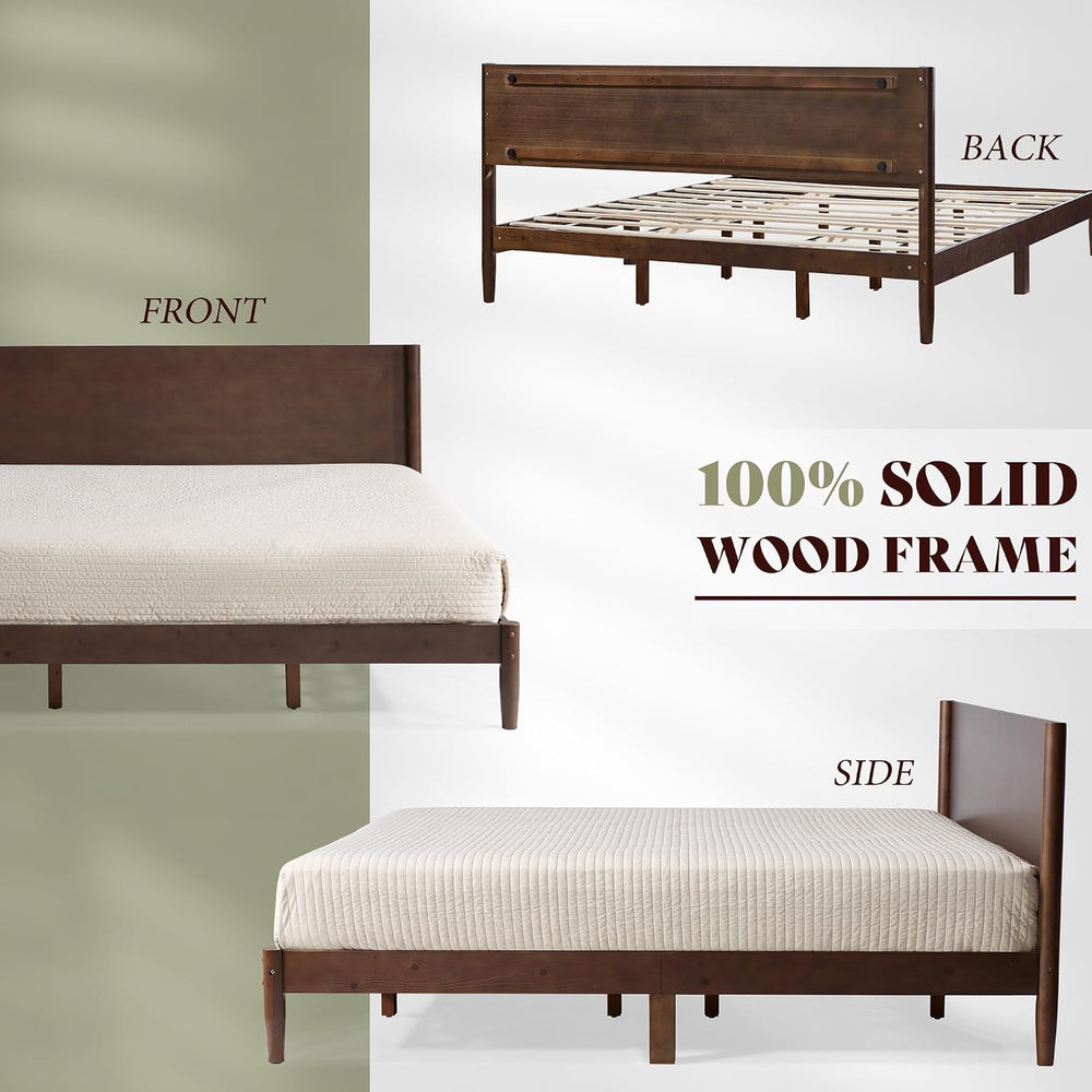 AMERLIFE Solid Wood Full Bed Frame, Mid Century Bed with Headboard, Walnut