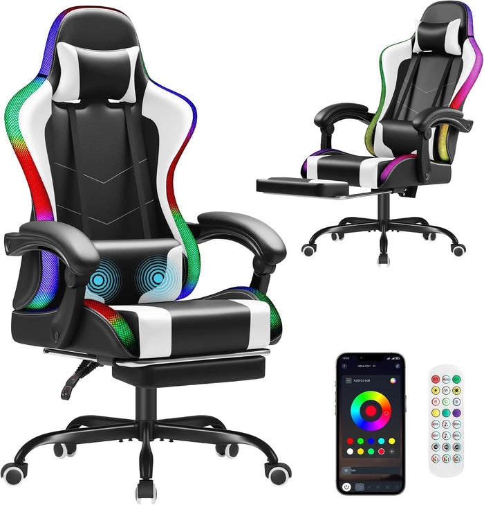 Homall Gaming Chair, Ergonomic PC Chair, Massage Lumbar Support, RGB Lvory