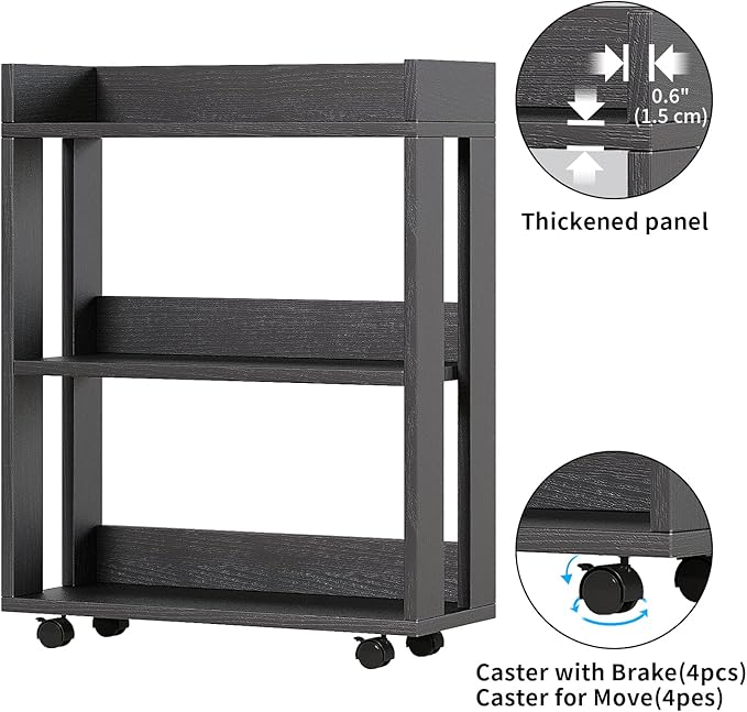 ALISENED Small Bookshelf and Bookcase, 3 Tier Wood Nightstand with Wheels, Mo...