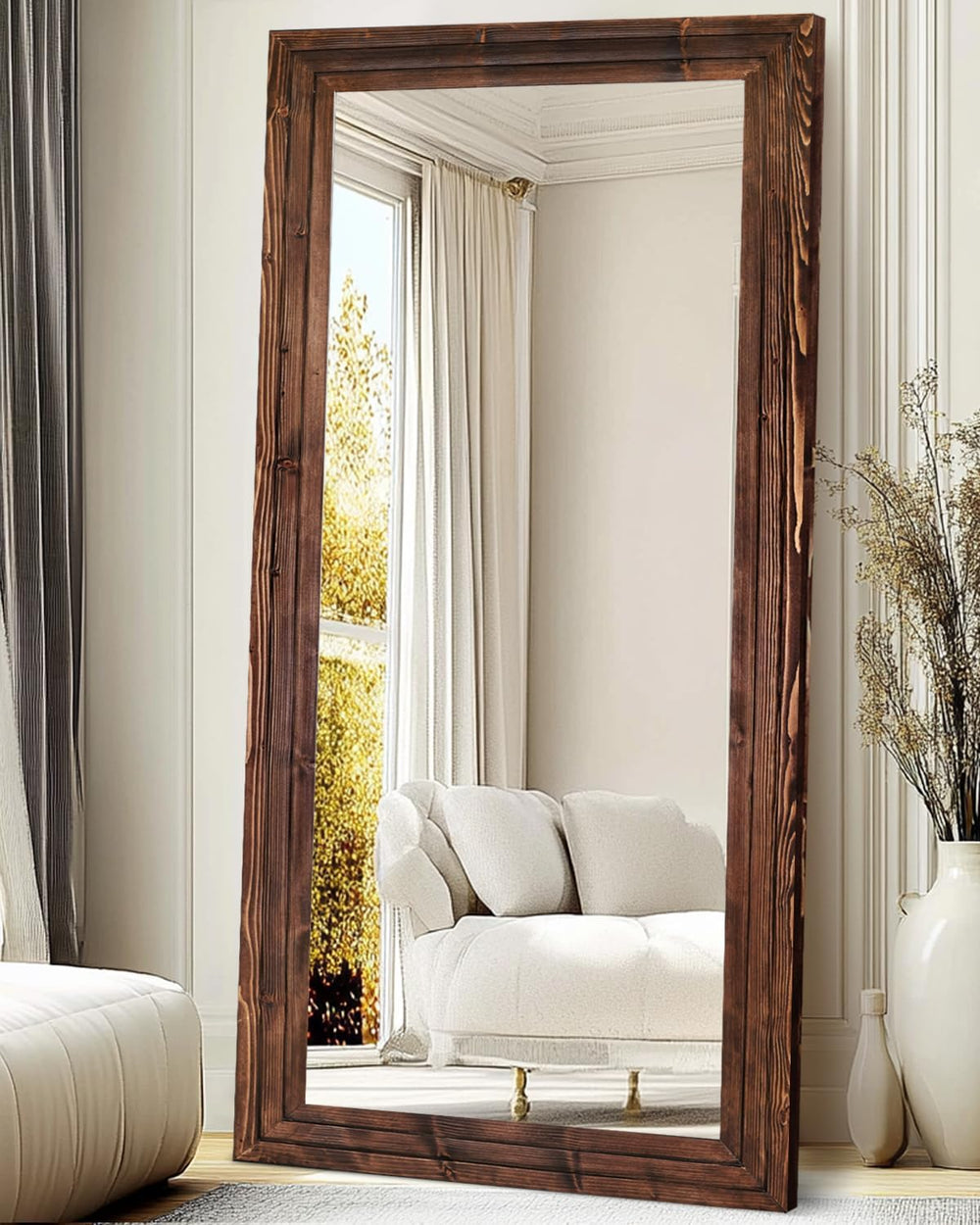 76x34in Full Length Mirror, 3-Tier Stepped Solid Wood Frame, Brown