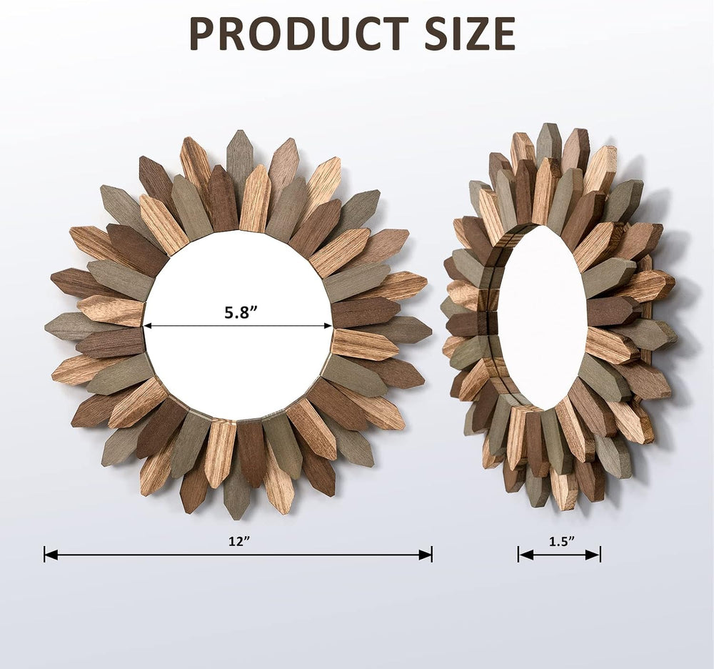 Honiway Boho Wall Decor Mirror 2 Pack 12 inch Rustic Wood Decorative Mirror f...
