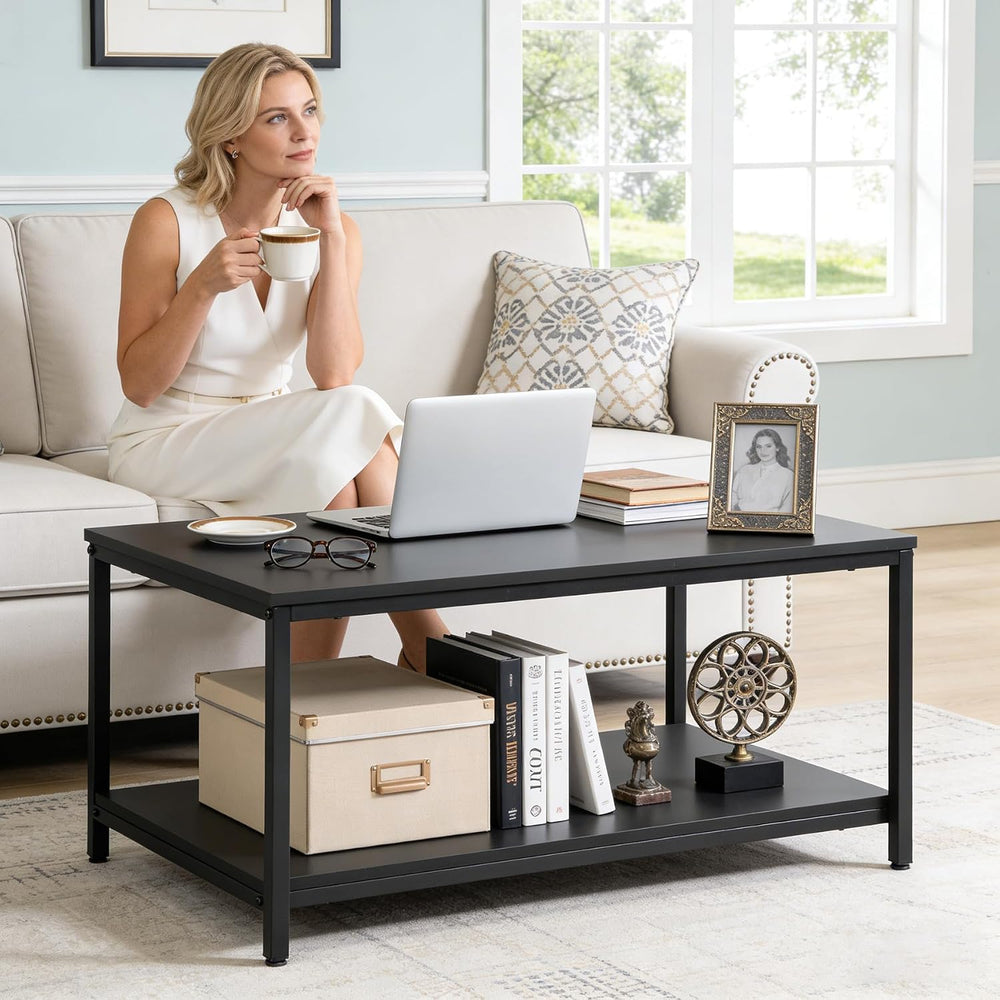 SUPER DEAL 2-Tier Industrial Coffee Table with Storage Shelf for Small Apartm...