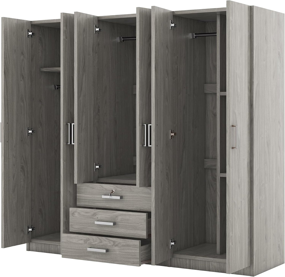 Merax Large 6 Doors Wooden Wardrobe, Bedroom Tall Armoire Closet Organizer wi...
