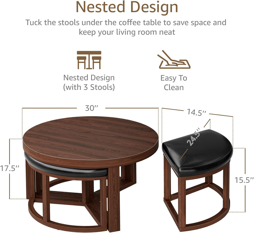 30 Inch Round Coffee Table with Stools - Small Modern Tables Set with 3 Chair...