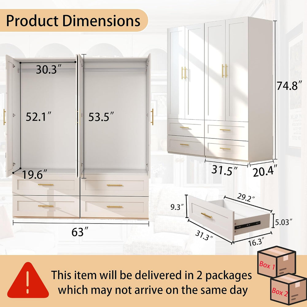 White Wardrobe with 4 Doors and 4 Drawers,75" Tall x 63" Wide