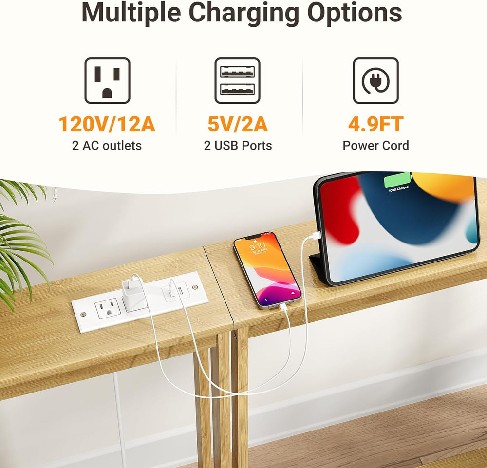 ELYKEN Bamboo Narrow Console Table with Charging Station, 2 Pack Slim Sofa Ta...