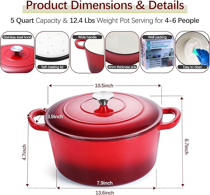E-far Dutch Oven Pot with Lid, 5 Quart Enameled Cast Iron Round Dutch Oven