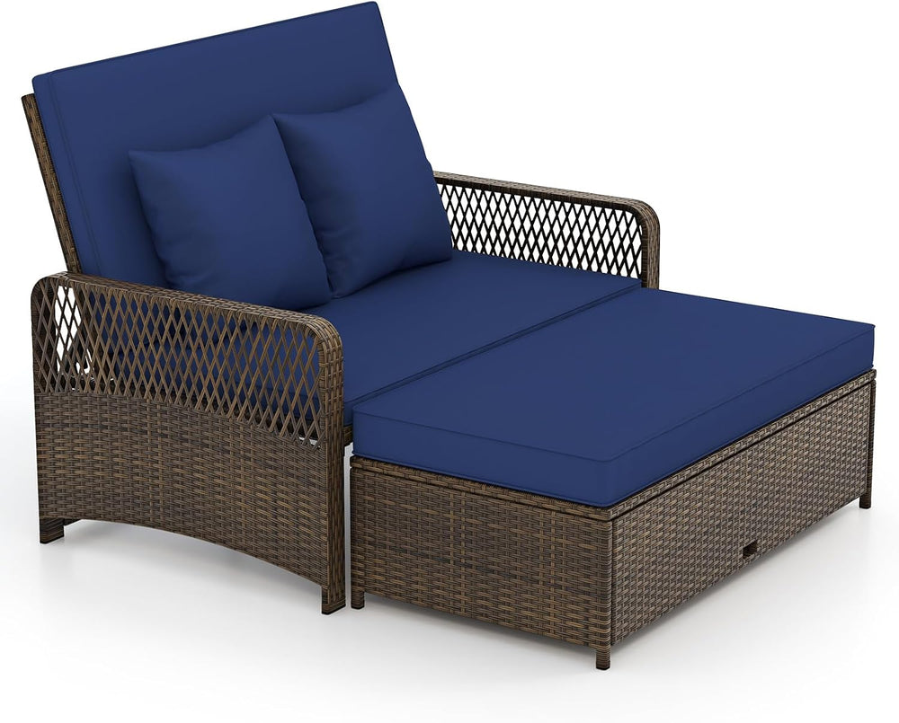 Tangkula Patio Rattan Daybed with 4-Level Adjustable Backrest, Navy