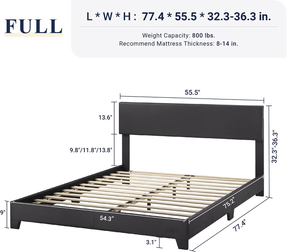 Allewie Full Size Faux Leather Bed Frame, Adjustable Headboard, Black