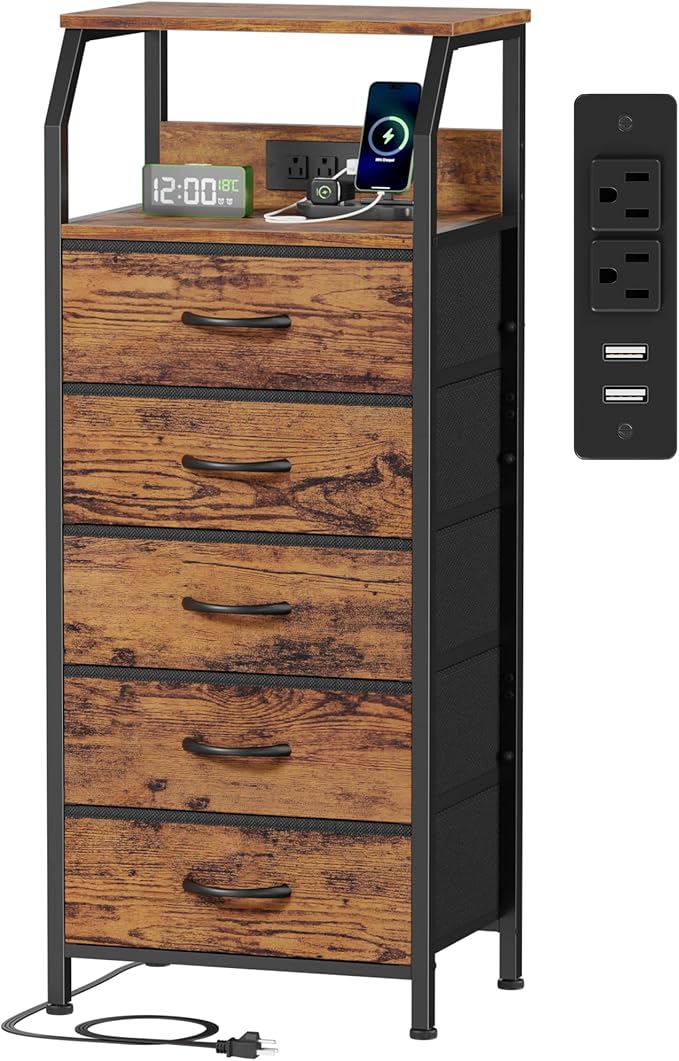 Furnulem 5 Drawers Dresser with Charging Station, Tall Night Stand with Stora...