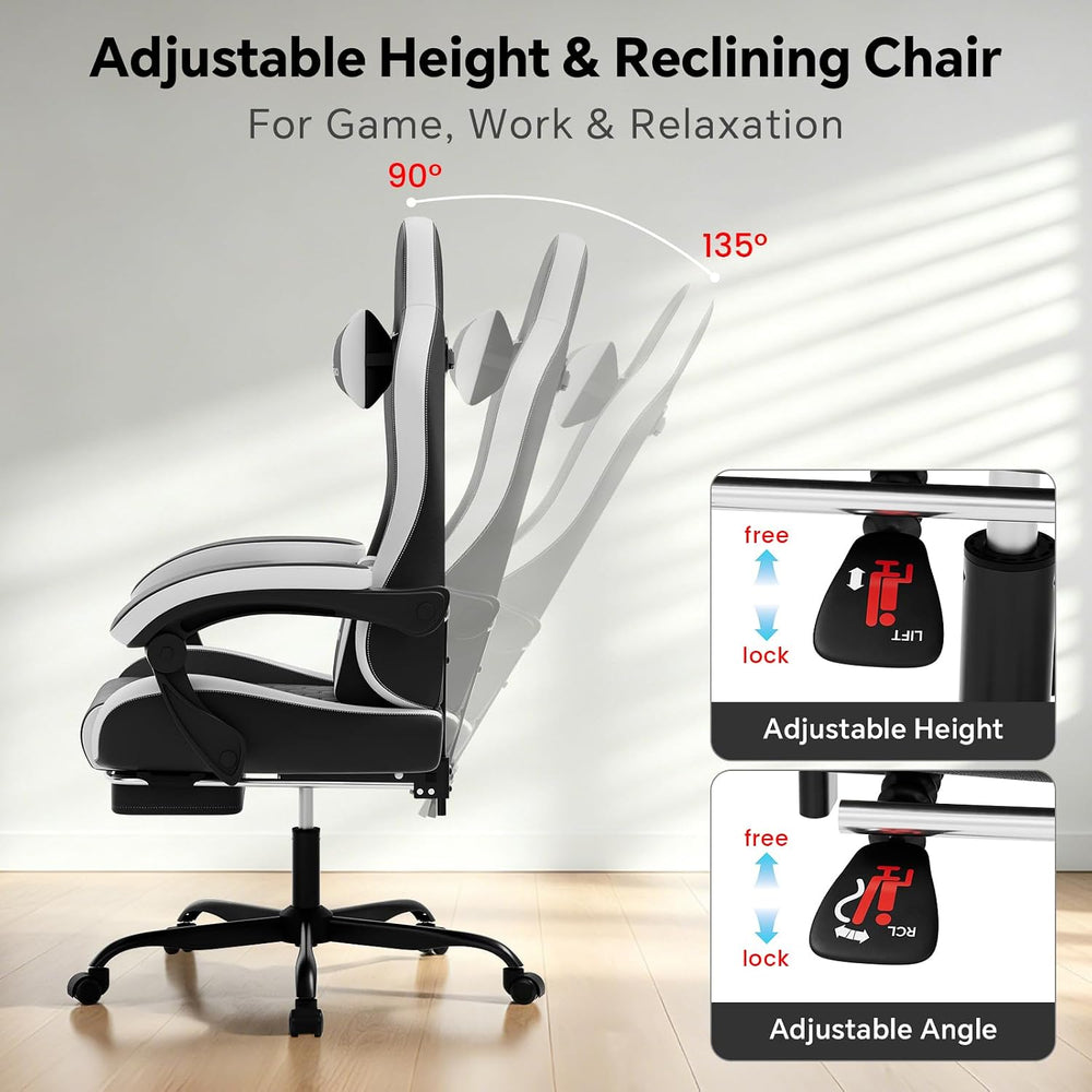 Gaming Chair, Computer Office Chair with Footrest, Adjustable Height & Ba...