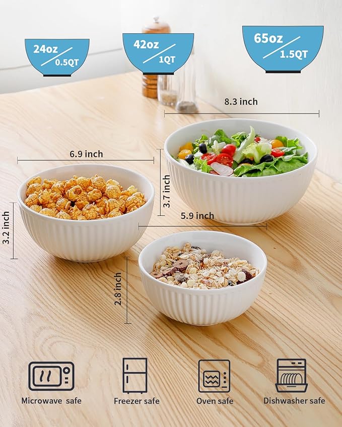 HASENSE Ceramic Ribbed Nesting White Bowls 1.5/1/0.5 Qt