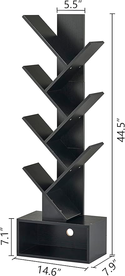 Hoctieon 6 Tier Tree Bookshelf, Tall Bookcase with Drawer, Freestanding Book ...