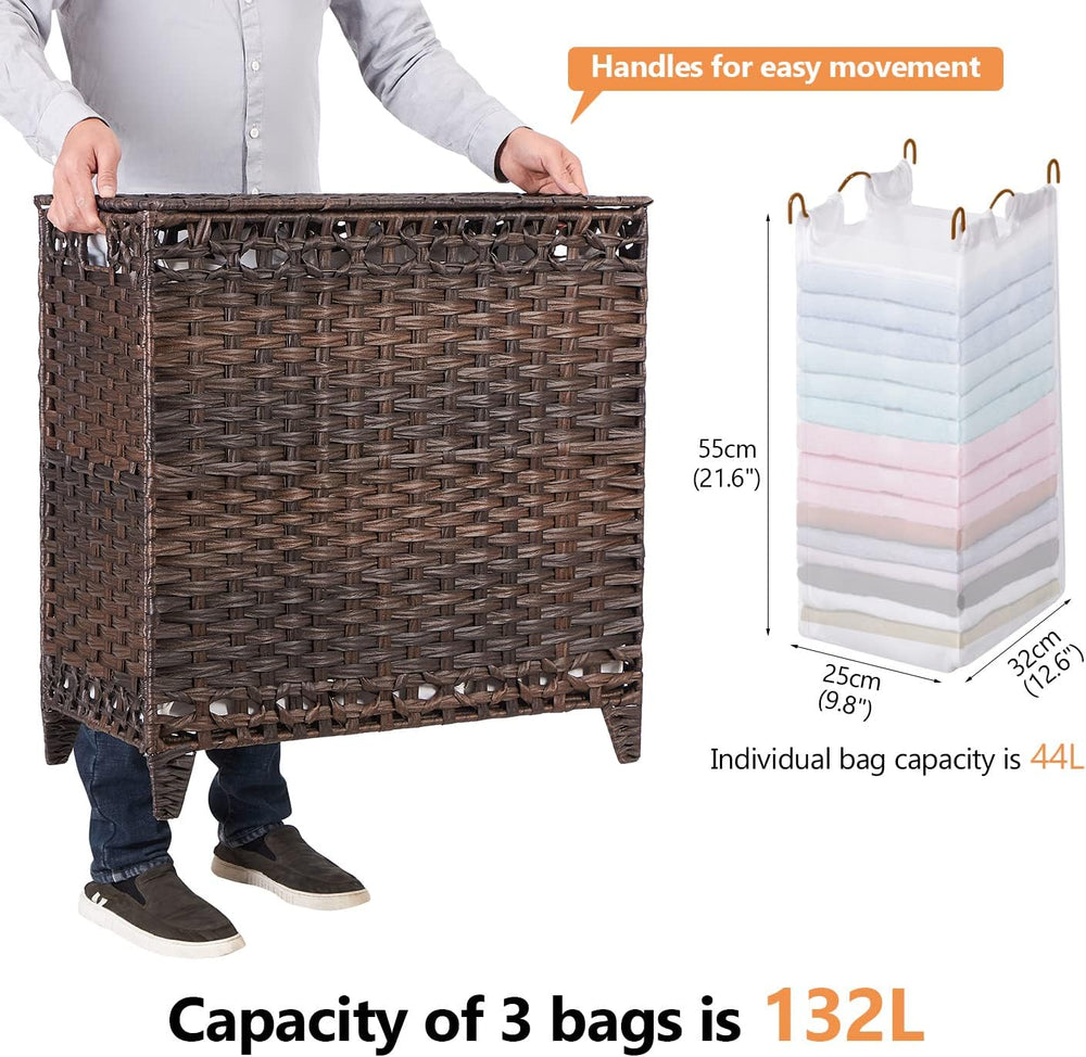 Laundry Hamper with 3 Removable Liner Bags; 132L Handwoven Rattan Laundry Bas...