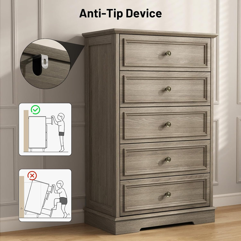Gray Dresser for Bedroom, 44" Tall 5 Drawer Dresser, Wooden Chest of Dra...
