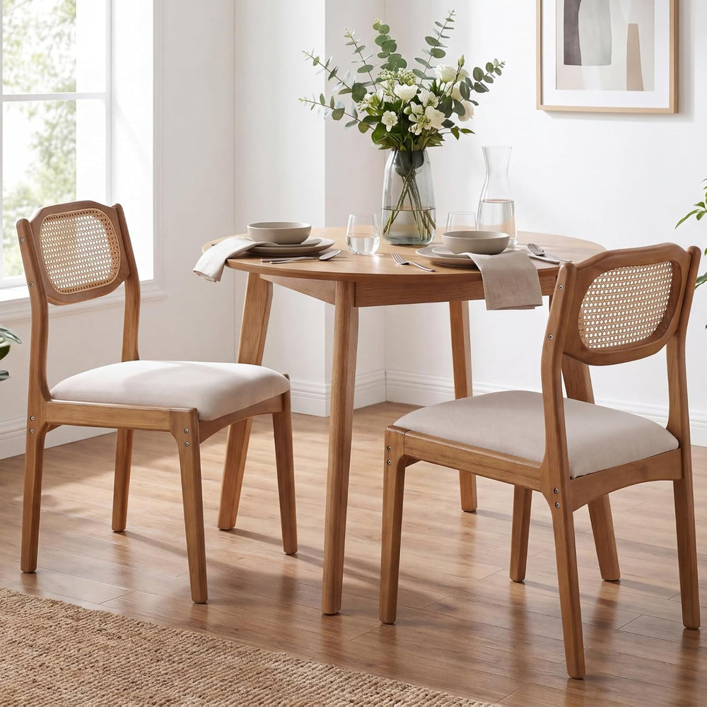 EALSON Mid Century Dining Chairs Set of 2, Beige Fabric Linen Upholstered Sea...