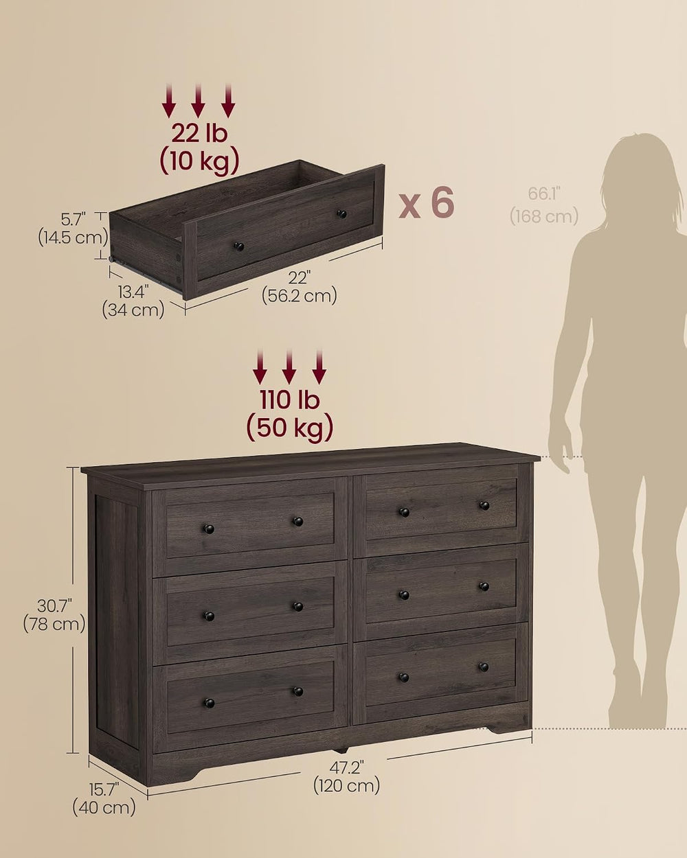 VASAGLE 6-Drawer Dresser, Chest of Drawers, 47.2 x 15.7 x 30.7 in