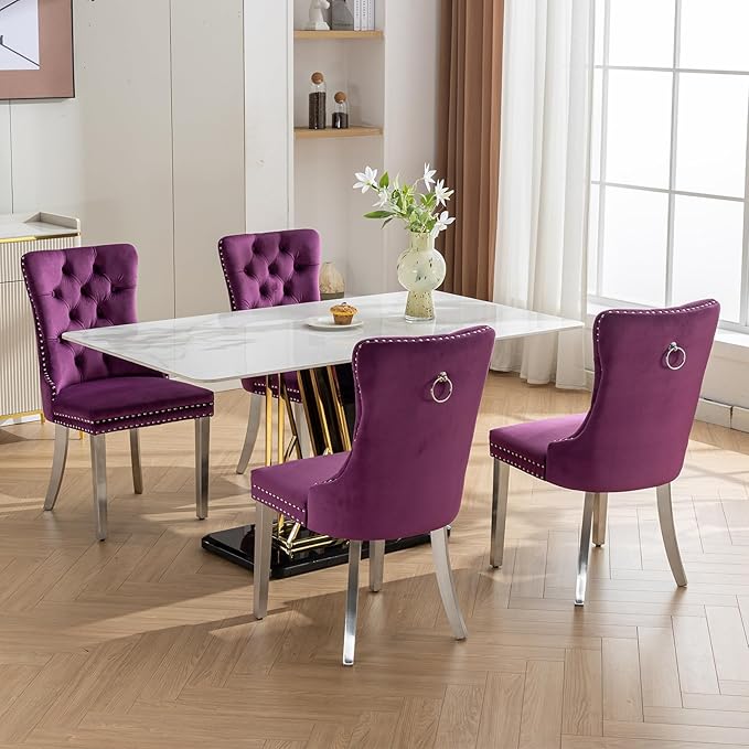 Luxury Upholstered Dining Chairs Set of 6, Purple Kitchen Chair with Silver M...