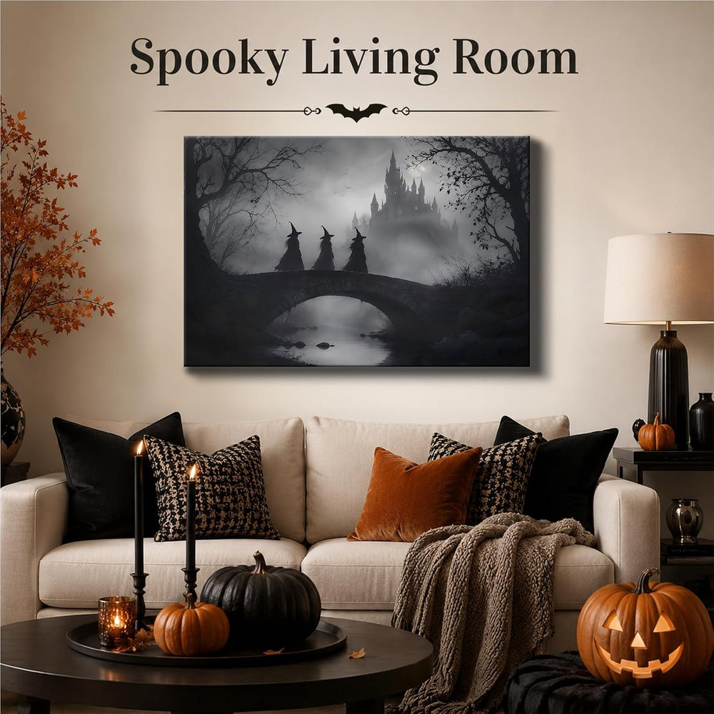 Framed Halloween Witch Canvas Wall Art, Black White Haunted Mansion Bridge Sc...