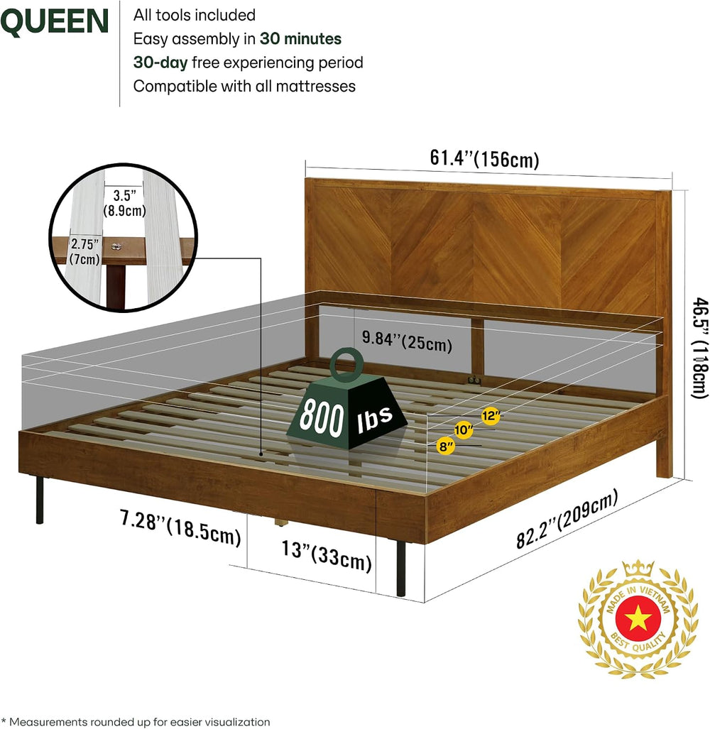 Acacia Alander Bed Frame with Headboard Bed Frame Queen Size Solid Wood Platf...