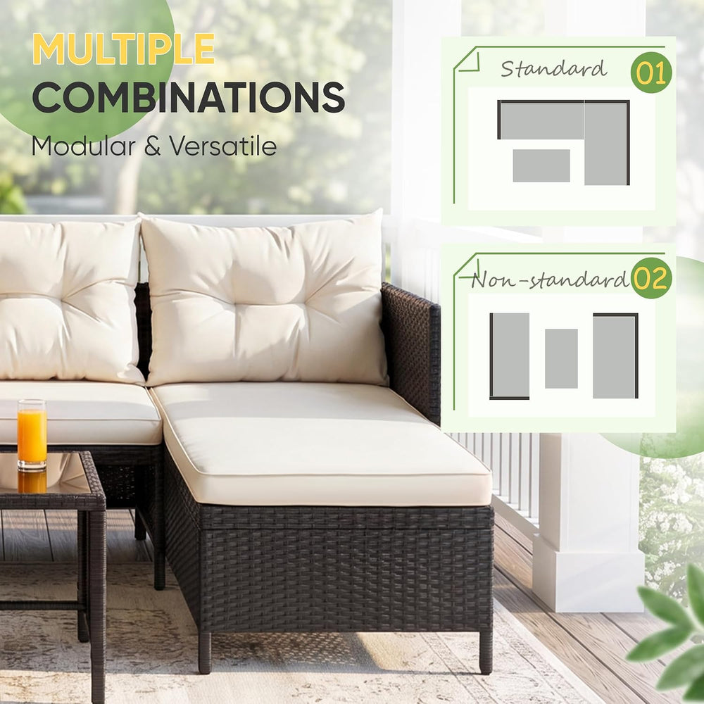 Greesum Patio Furniture Set 3 Piece Outdoor Wicker Sectional Sofa,Beige