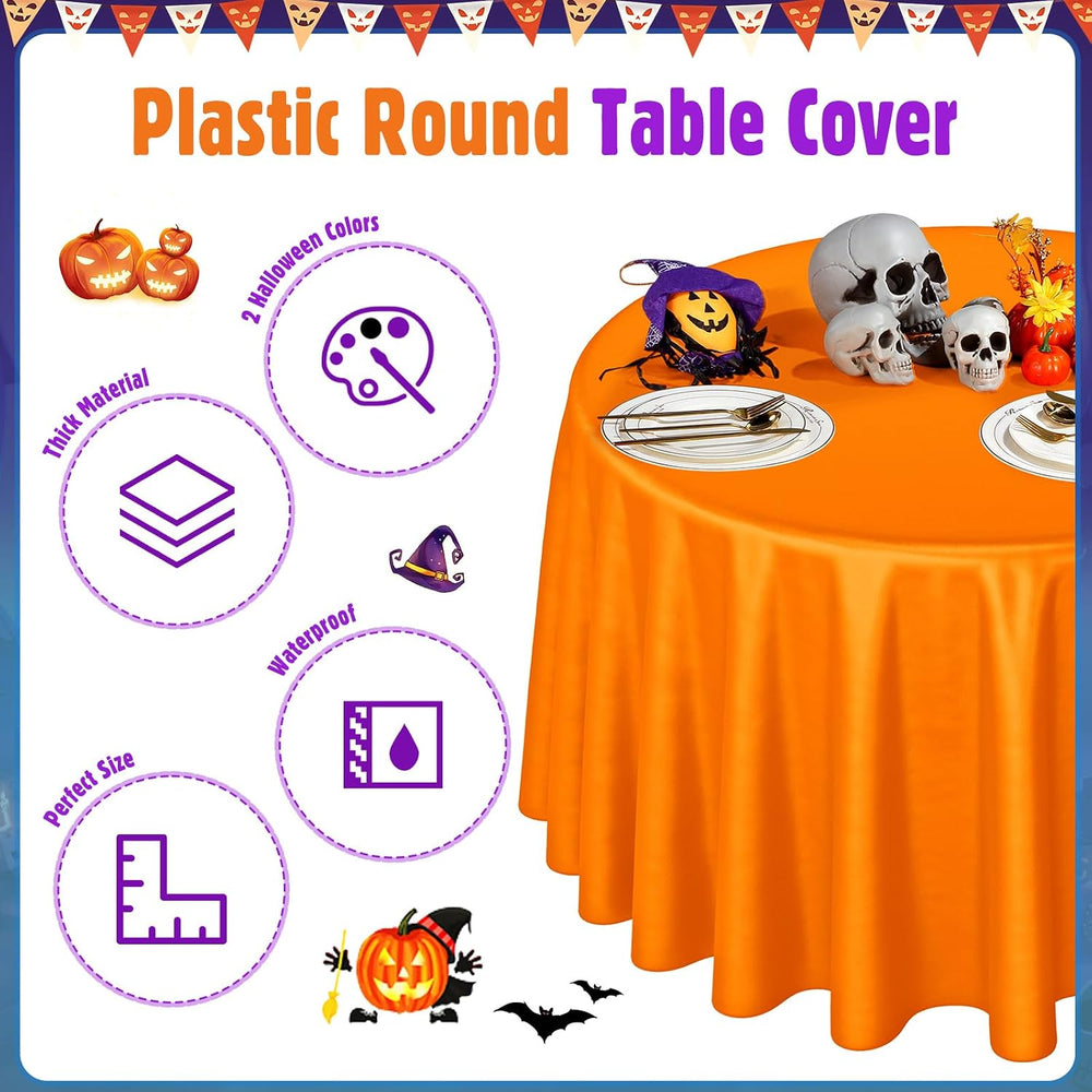 Buryeah12 Pcs 84 Inch Halloween Round Plastic Tablecloths, Black and Orange