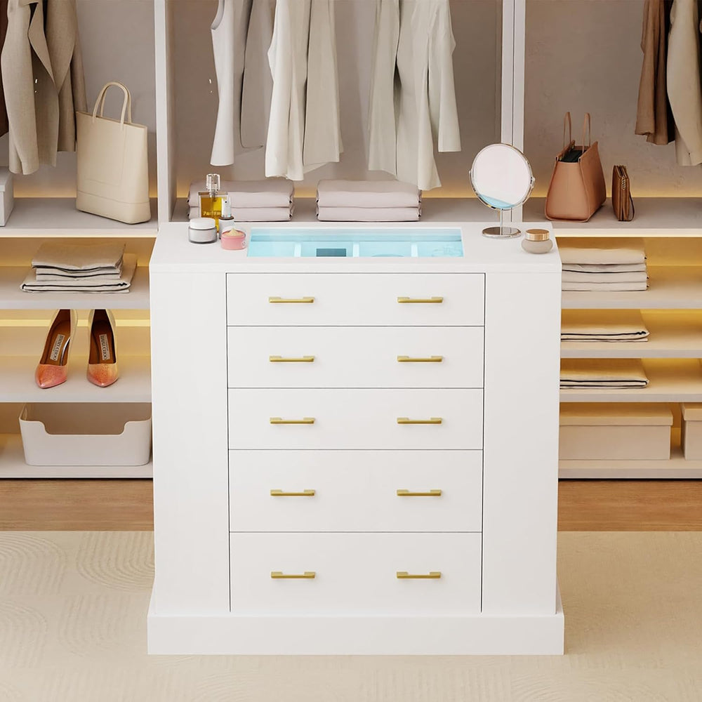 Closet Island with Glass Top, LED Lights and Open Shelves, White