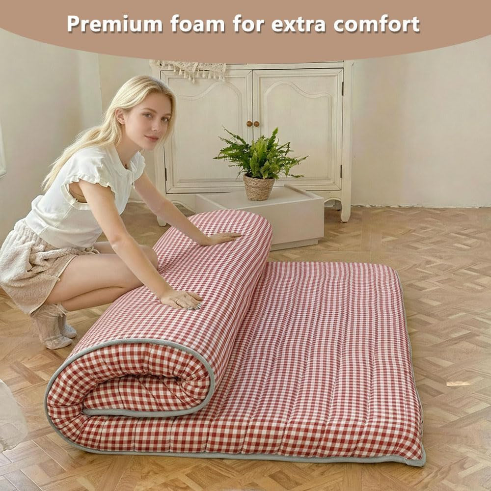 Red Gingham Japanese Floor Mattress, Full Size 60" x 80", 3.5"...