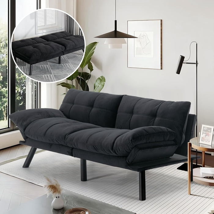 Convertible Futon Double Sofa Bed,2 in 1 with Adjustable Backrest Memory Foam Loveseat for Living Room Bedroom Office Apartment Compact Sofa(Black)