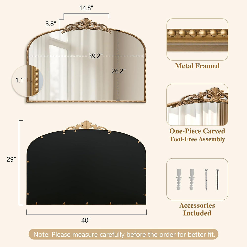 Micasso Vintage Gold Wall Mirror: 40"x29" Baroque Antique Arched Mi...
