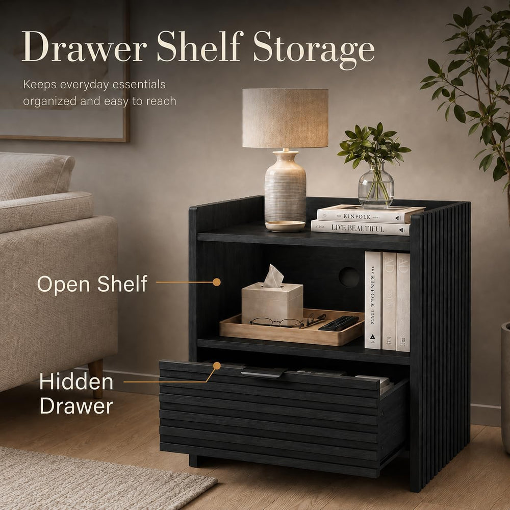 BON AUGURE Black Wood Nightstand, Modern End Table with Drawer