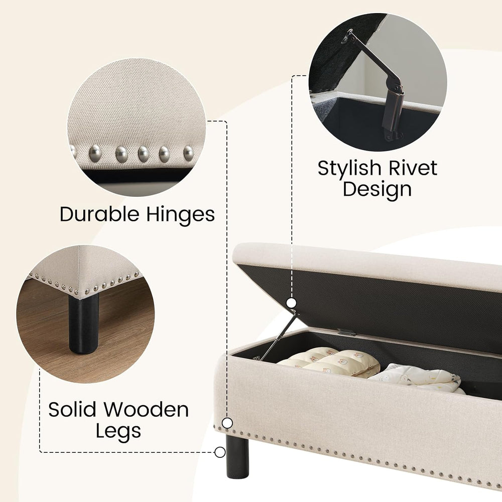 Furniliving Large Storage Ottoman, Beige, Wood Frame, Linen Fabric, 285 Lbs C...
