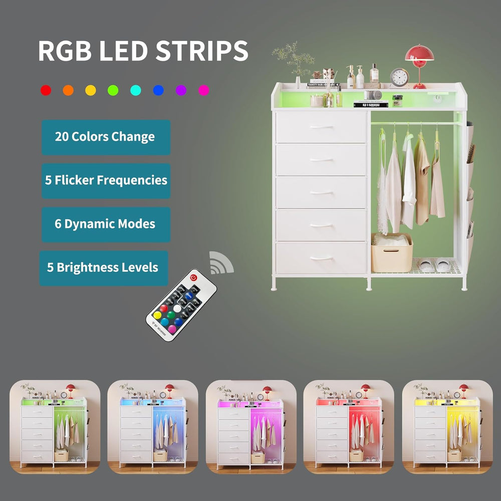 LUMTOK Modern 5 Dresser with LED Hanging Rack, Dresser with Clothes Rack, Han...