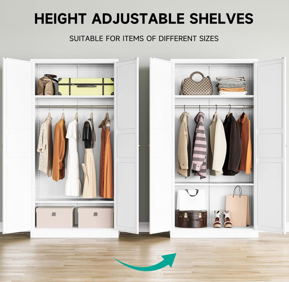 Metal Wardrobe Cabinet with Hanging Rod,White Armoire Wardrobe Closet,Metal C...