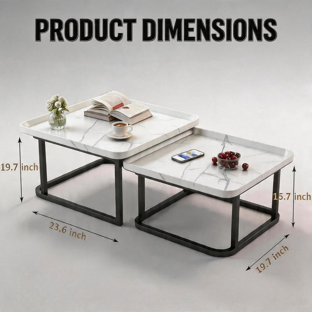 Set of 2 Nesting Coffee Tables, Space‑Saving Square Side Table Set, White | S...