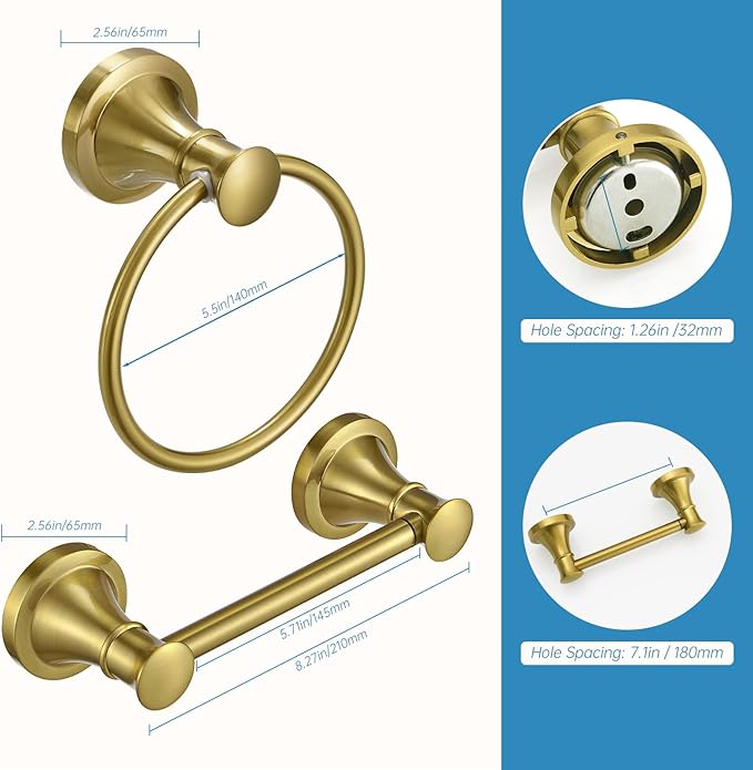 RUMOSE Toilet Paper Holder and Hand Towel Ring Brushed Gold Wall Mount Bathroom