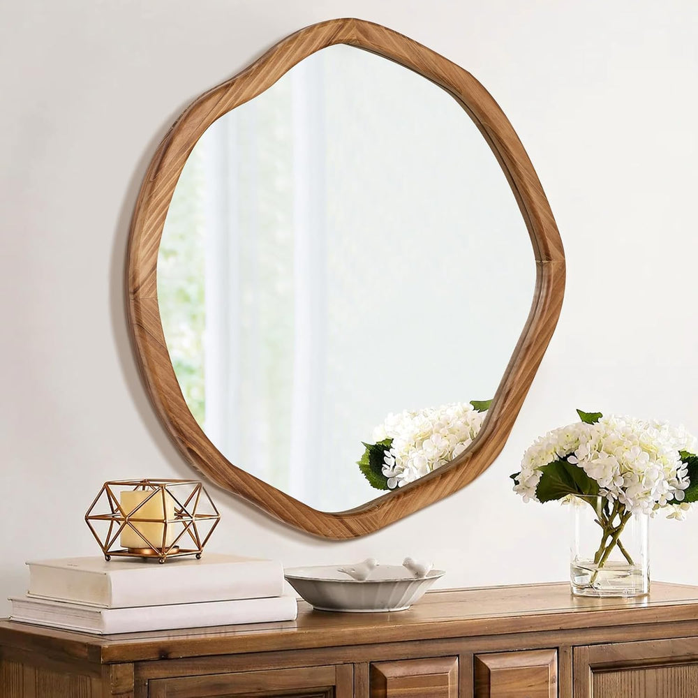ULIKE Irregular Round Wood Mirror 30 Inch, Rustic Brown Wall Mirror