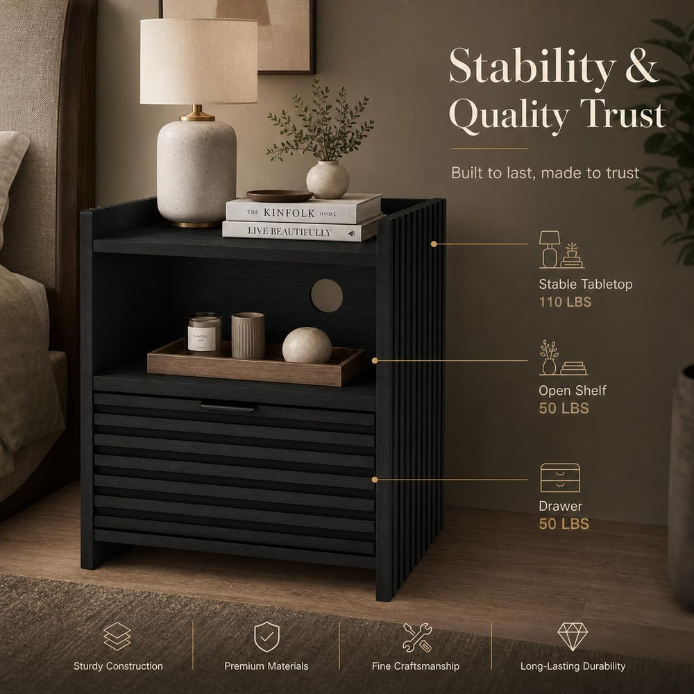 BON AUGURE Black Wood Nightstand, Modern End Table with Drawer