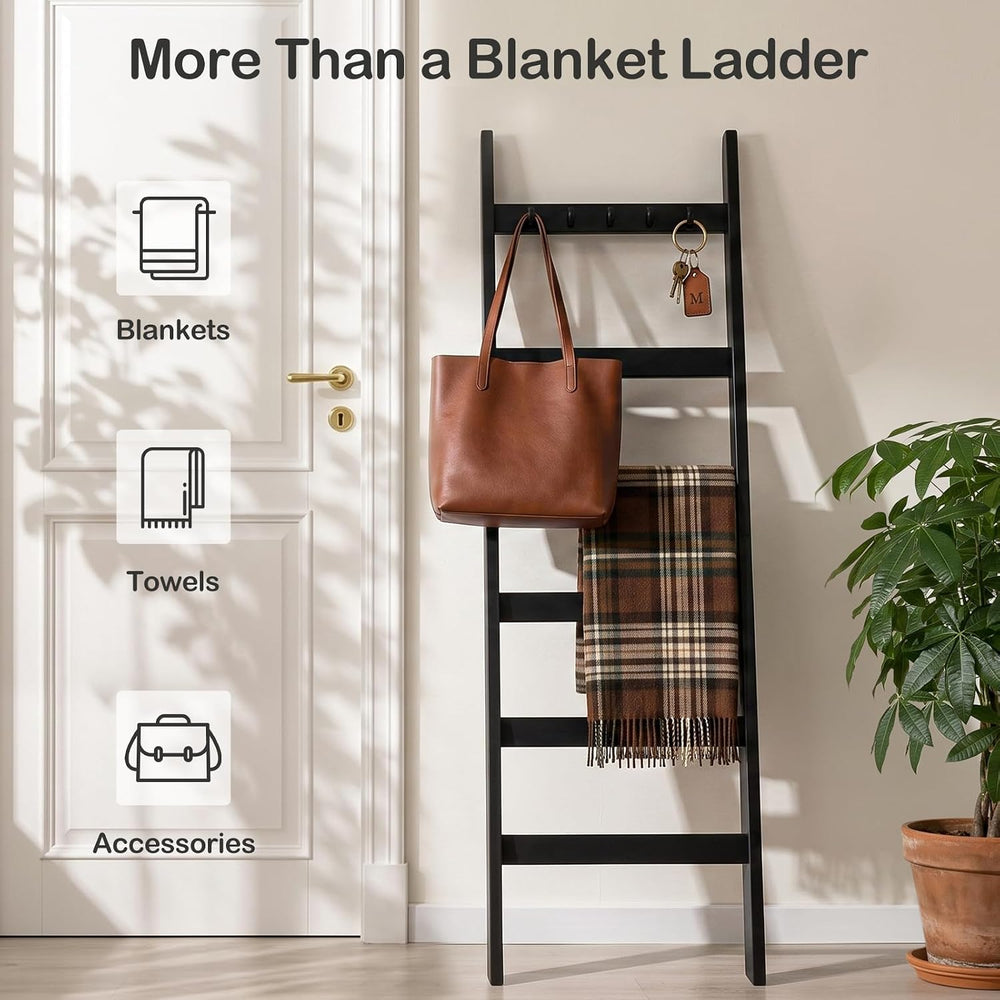 TEAKMAMA 6-Tier 5.4ft Blanket Ladder with Hooks Farmhouse Black | Wall Leanin...
