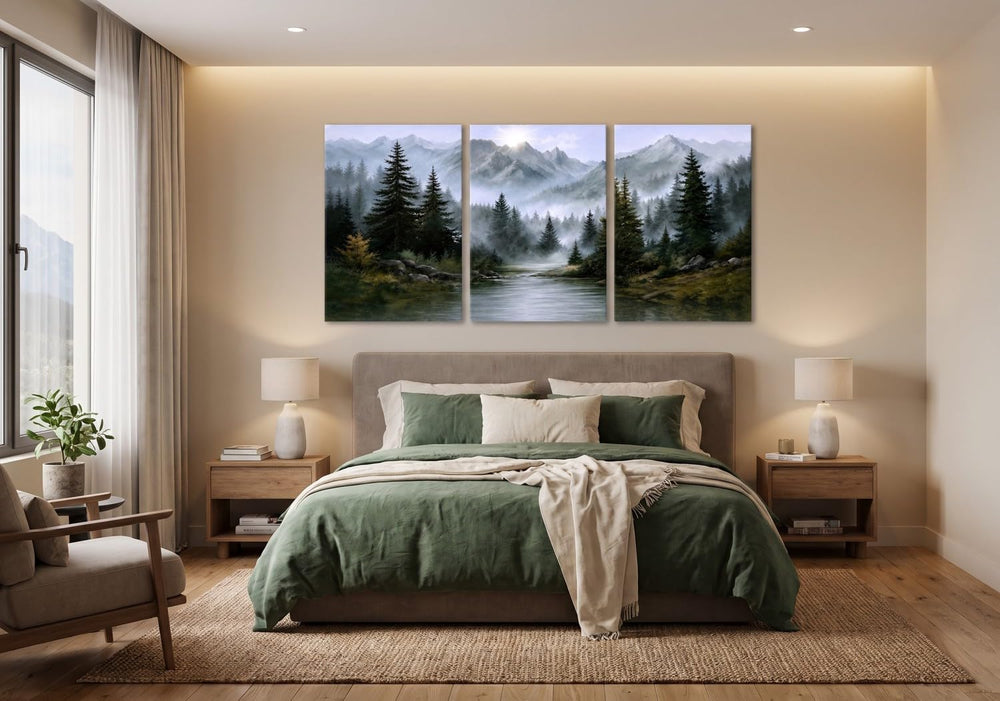 Mountain Wall Art Set of 3, foggy mountain Forest Nature Landscape Canvas