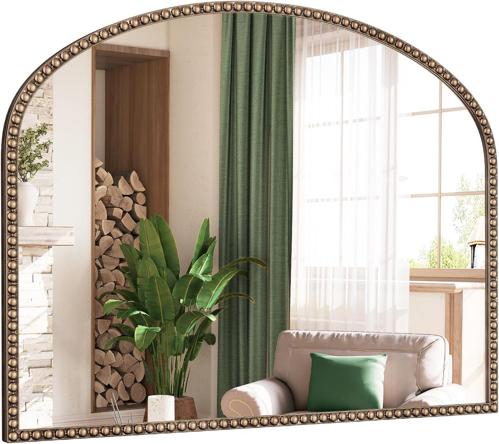 Arched Beaded Mirror for Bathroom,36"x28" Antique Glod Wall Mirror